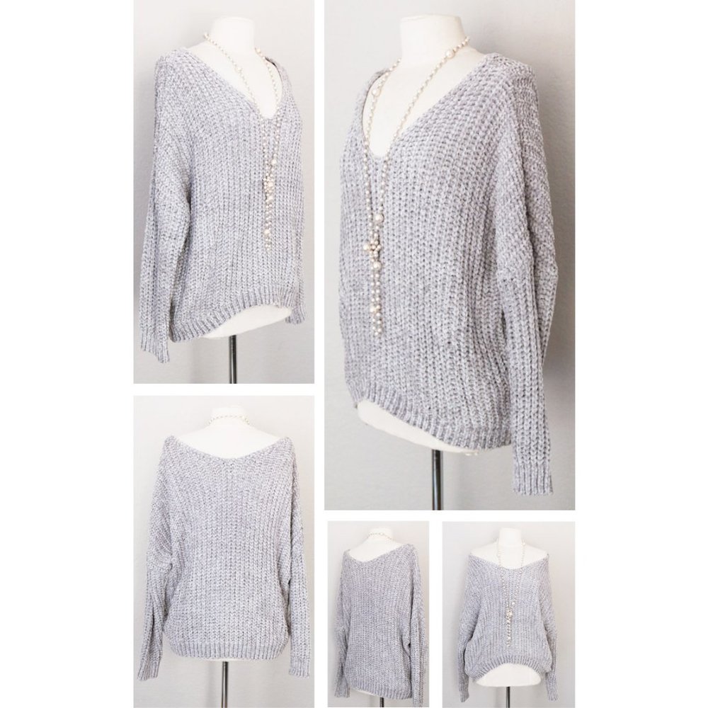 Pale Grey Off Shoulder Soft Chenille VNeck Sweater - Picture 6 of 8